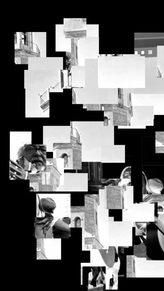Fragmented black-and-white study of a guitarist beside the Cómpeta church tower